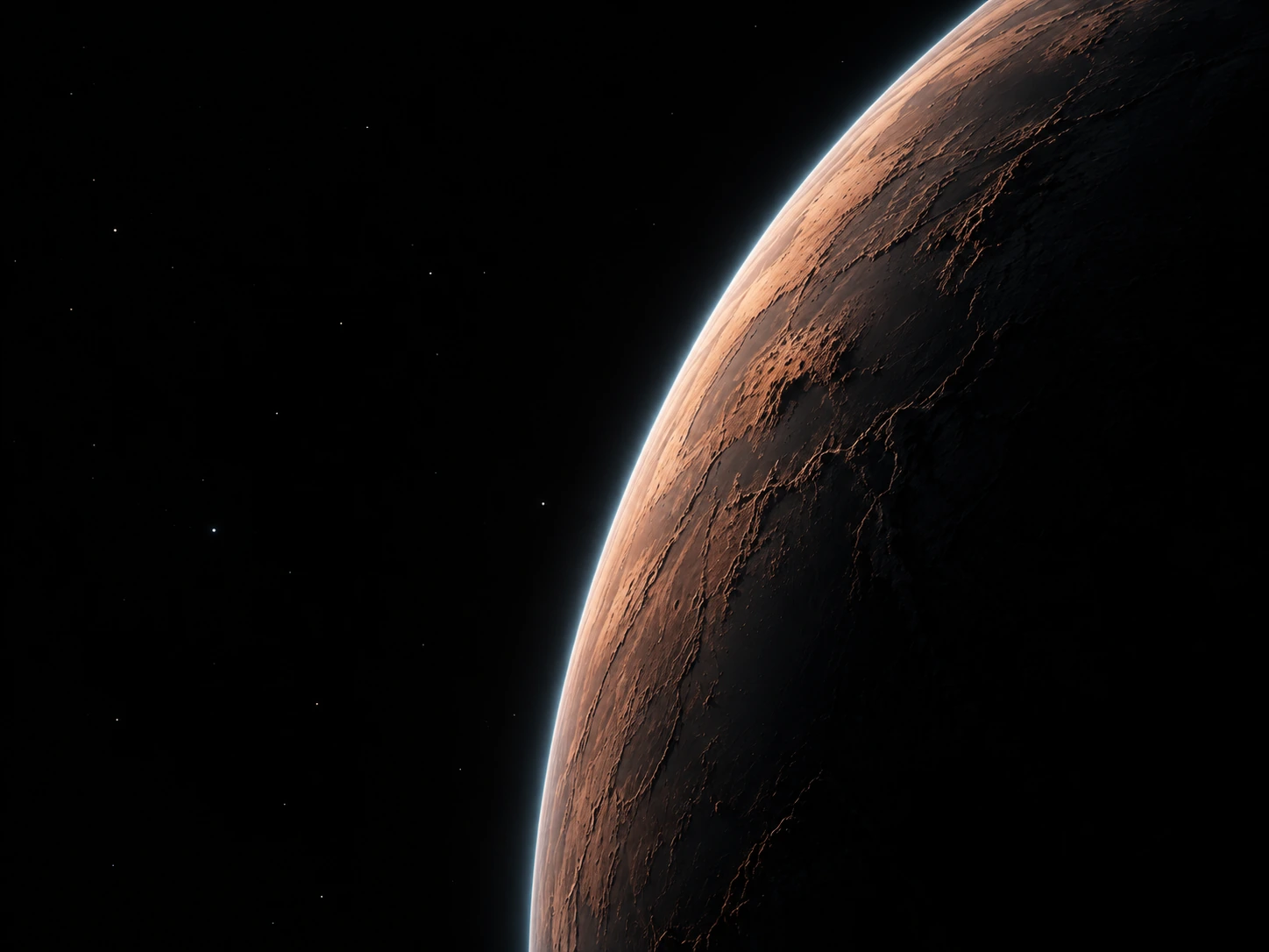 A copper planetary crescent against the vastness of space. Material or feature detail.