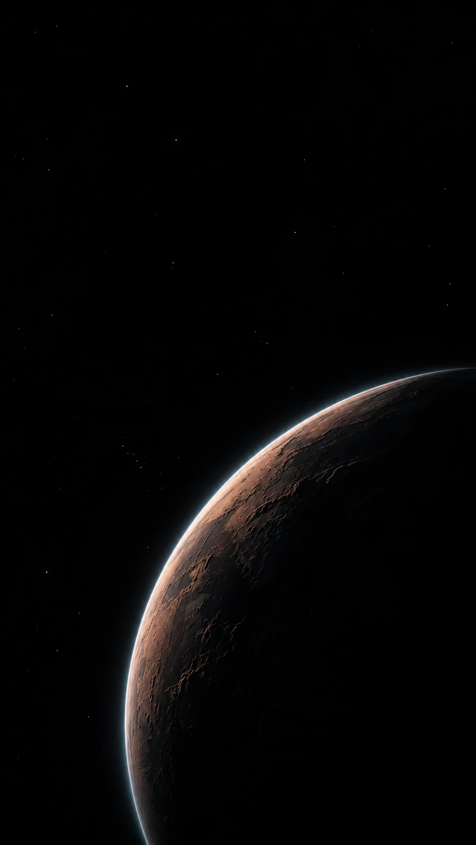 A copper planetary crescent against the vastness of space. Mobile hero.