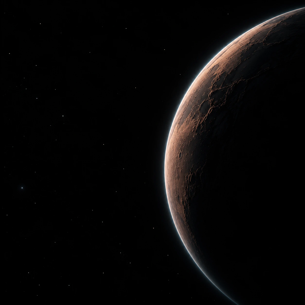 A copper planetary crescent against the vastness of space. Square social or content card.