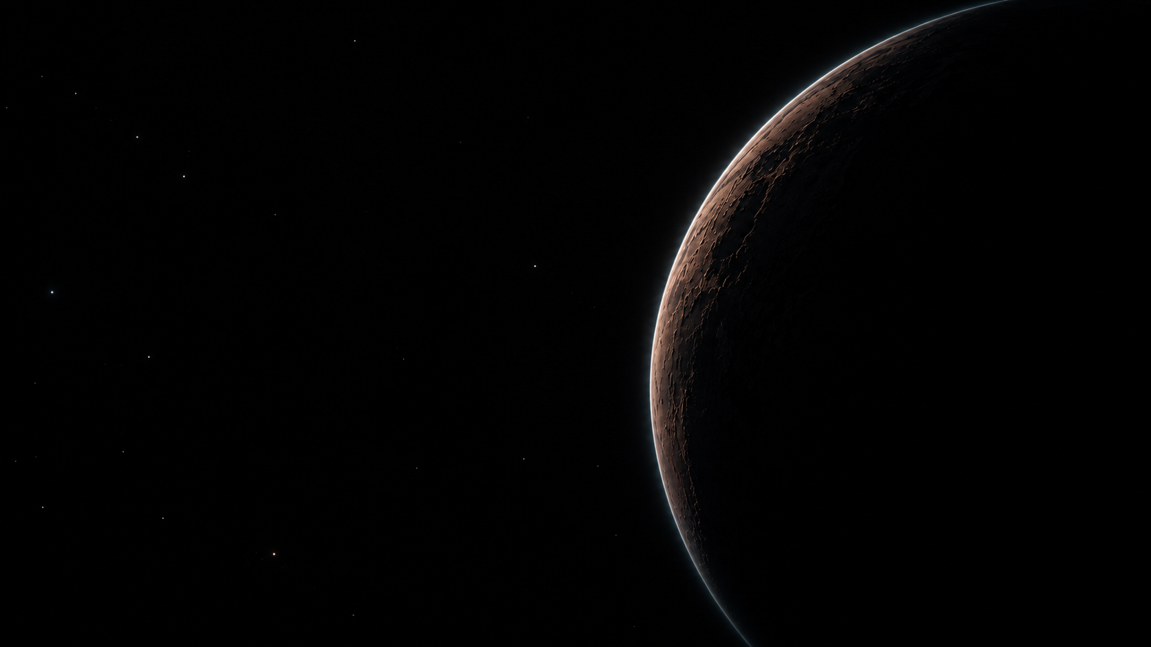 A copper planetary crescent against the vastness of space. Dark section or evening mood.