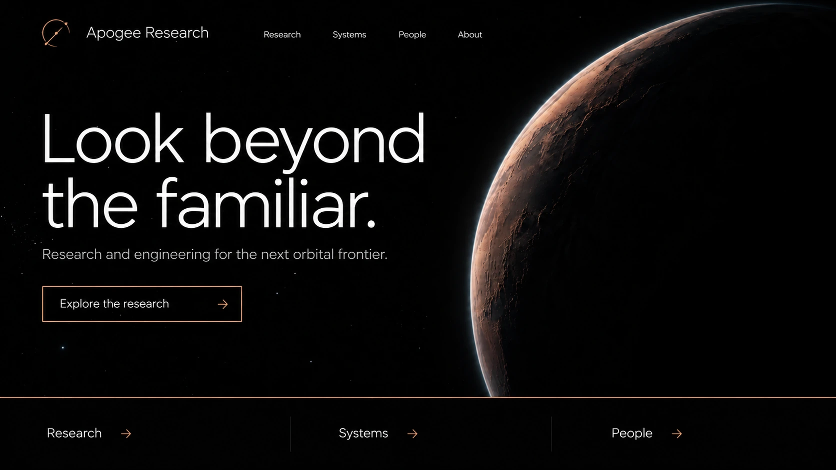 Apogee Research · Space systems research lab. Static website hero mockup using Orbital copper imagery.