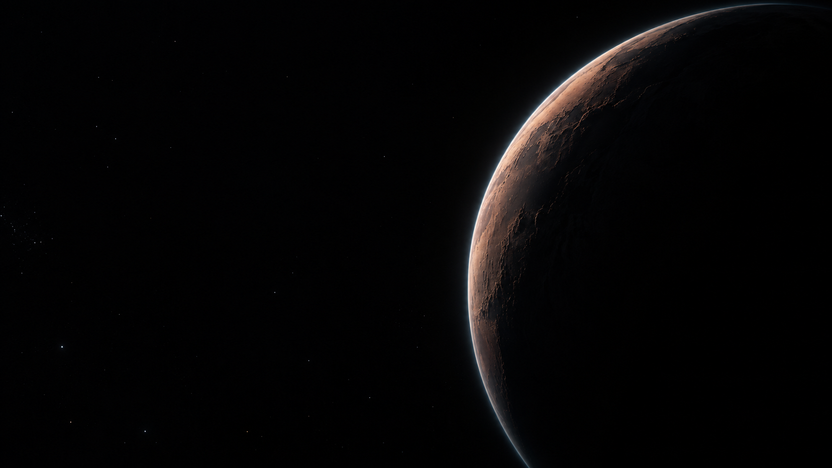 A copper planetary crescent against the vastness of space. Main background.