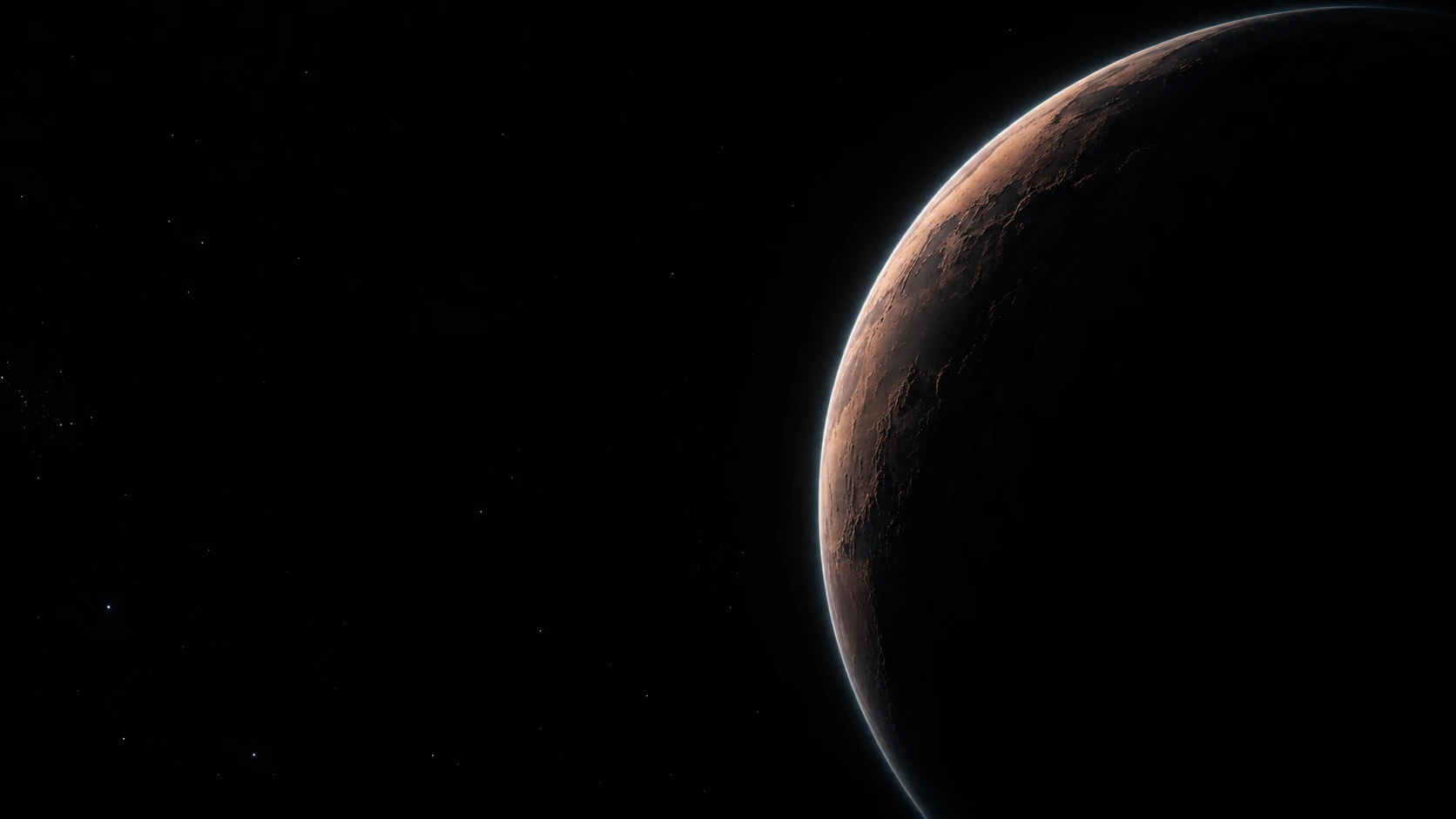 A copper planetary crescent against the vastness of space. Main background.