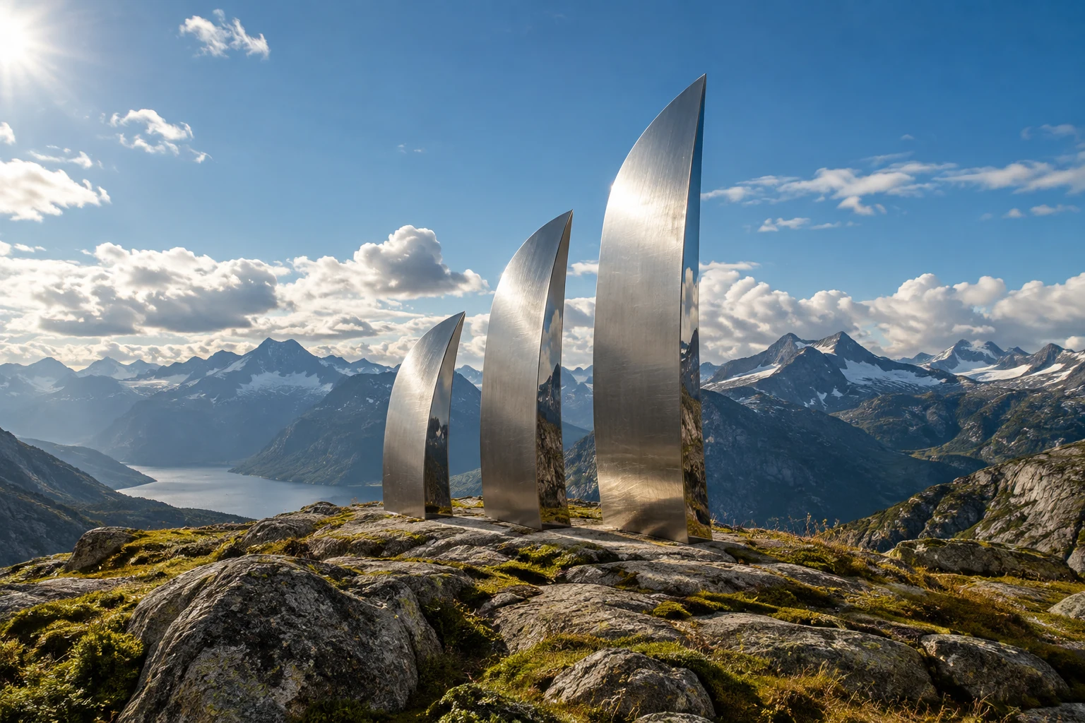 Three sculptural silver fins on an alpine ledge in natural daylight.