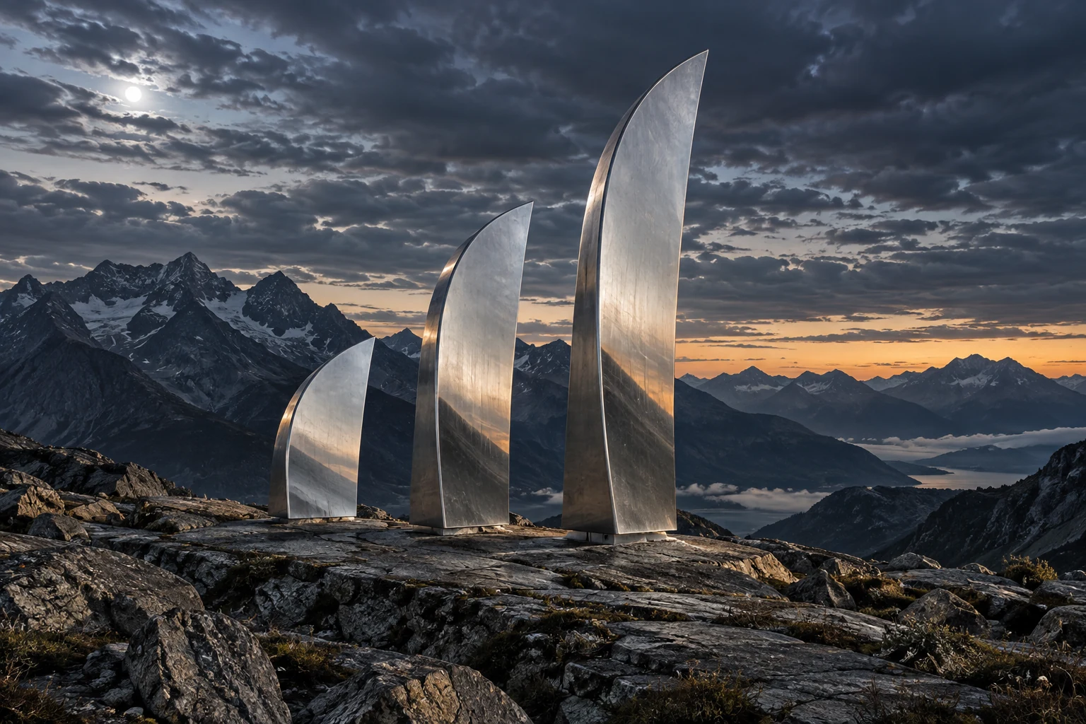 Three sculptural silver fins on an alpine ledge in cool blue-hour light.