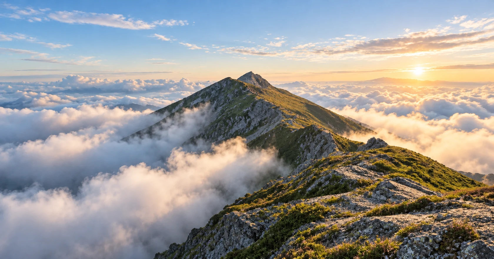 A rugged alpine ridge above a sea of clouds in clear natural daylight.