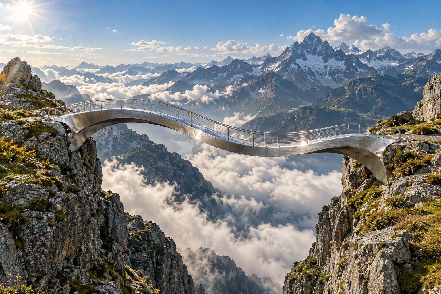 A polished steel ribbon bridge connecting two mountain ledges in natural daylight.