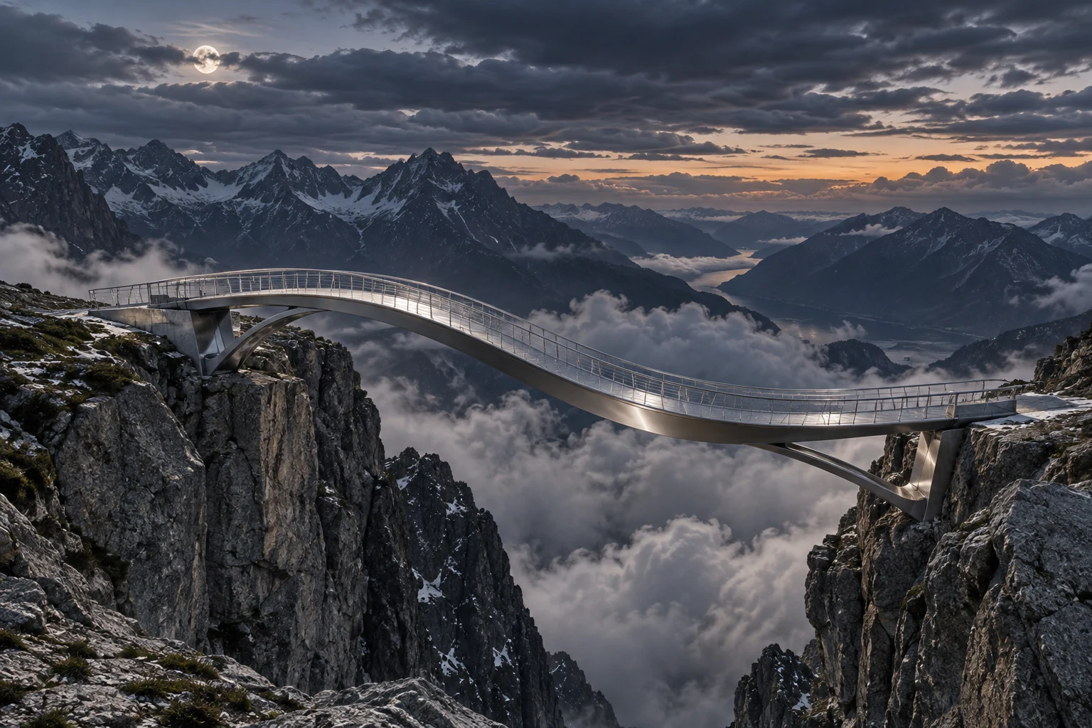 A polished steel ribbon bridge connecting two mountain ledges in cool blue-hour light.