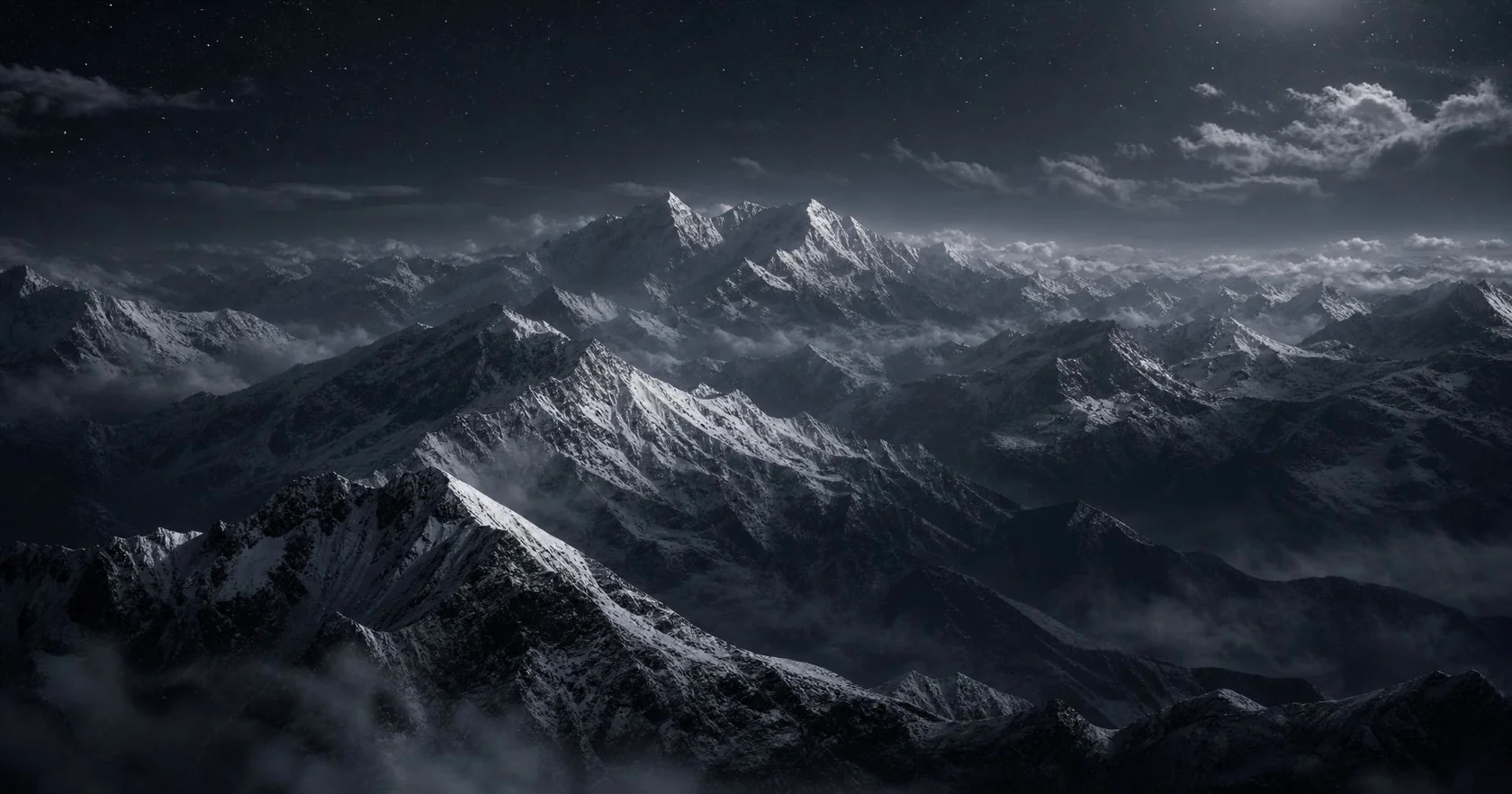 Layered snow-capped mountain ranges in cool evening shadows.