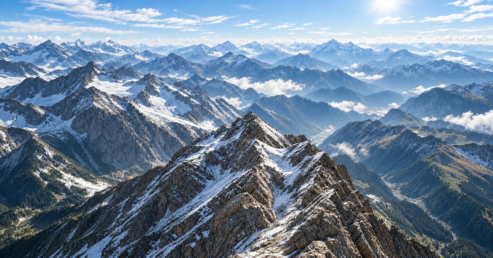 An aerial panorama of distant alpine ranges in clear natural daylight.