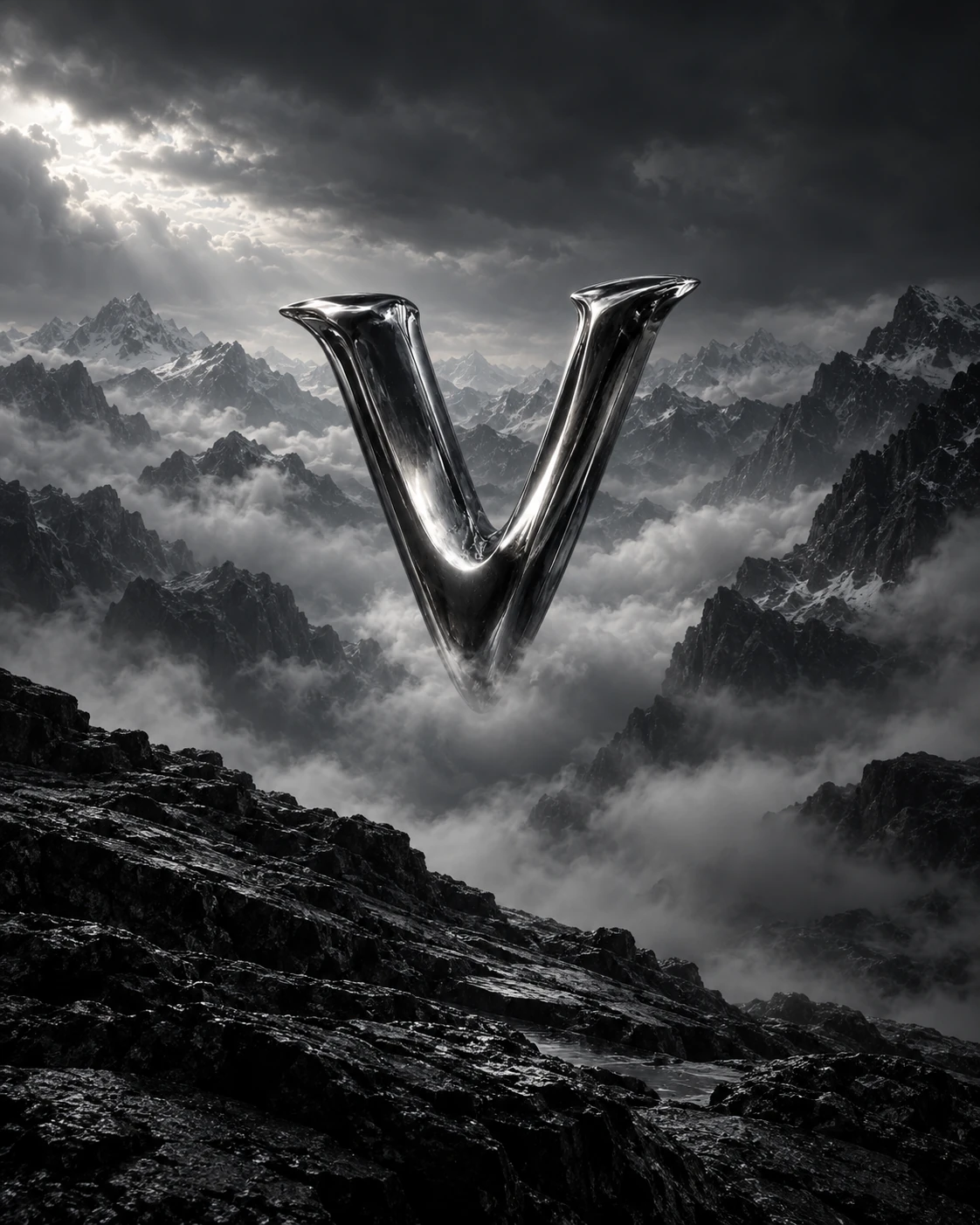 A sculptural silver V above layered alpine mountains in dramatic darkness.