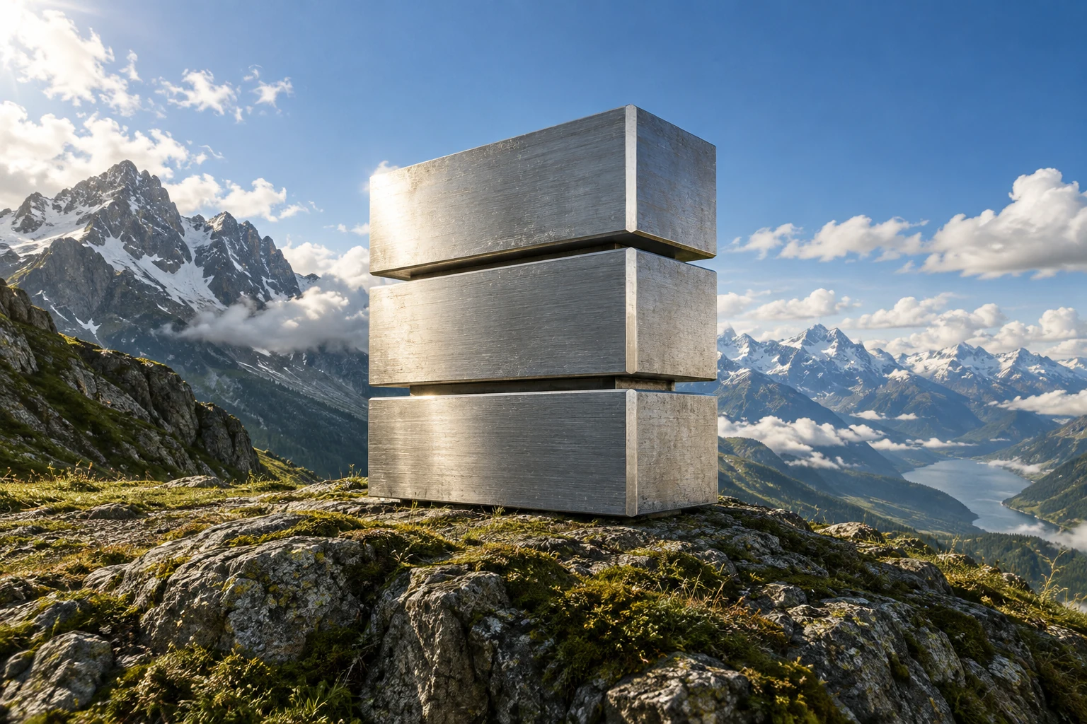 Three precisely stacked silver slabs above rugged mountains in natural daylight.