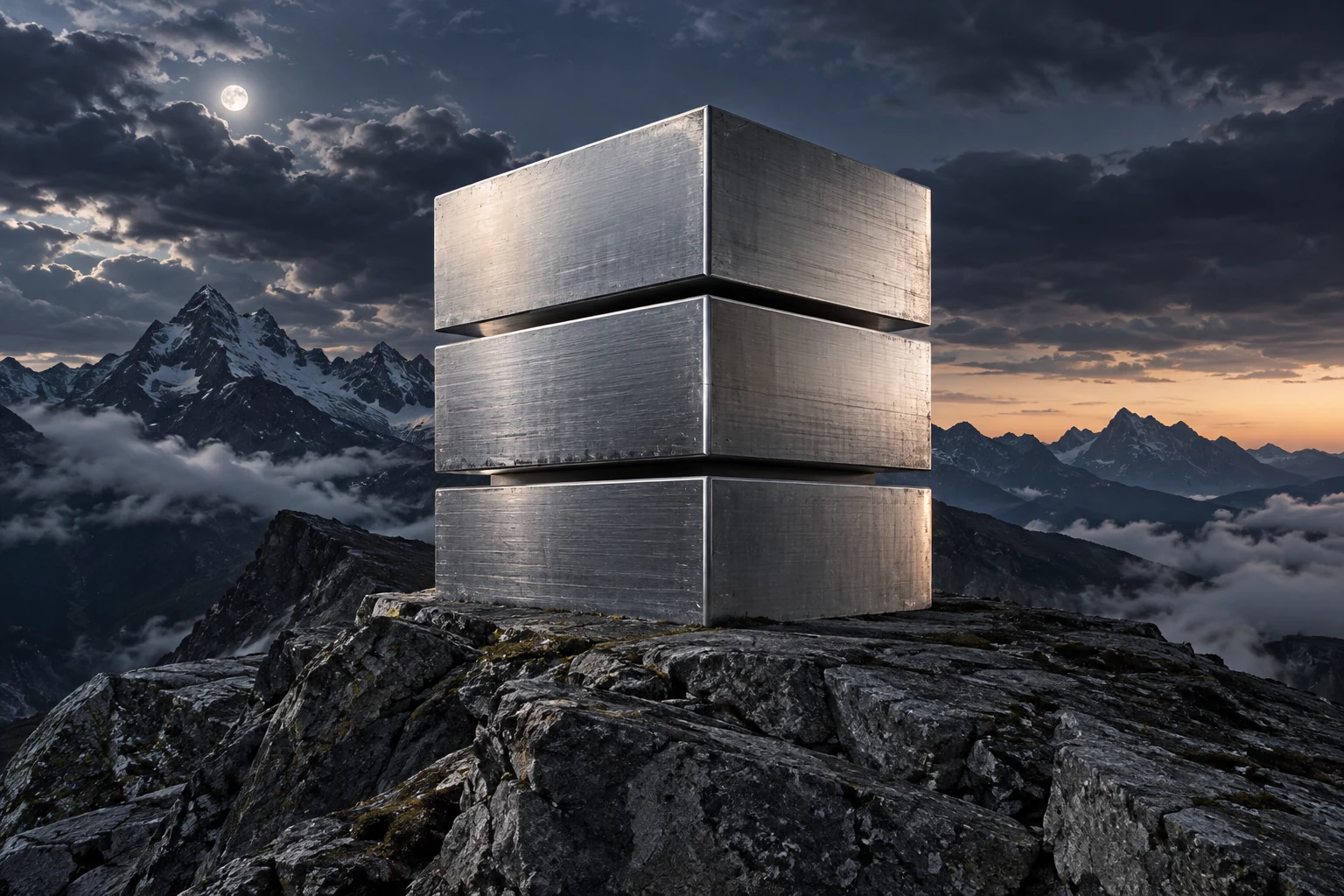 Three precisely stacked silver slabs above rugged mountains in cool blue-hour light.