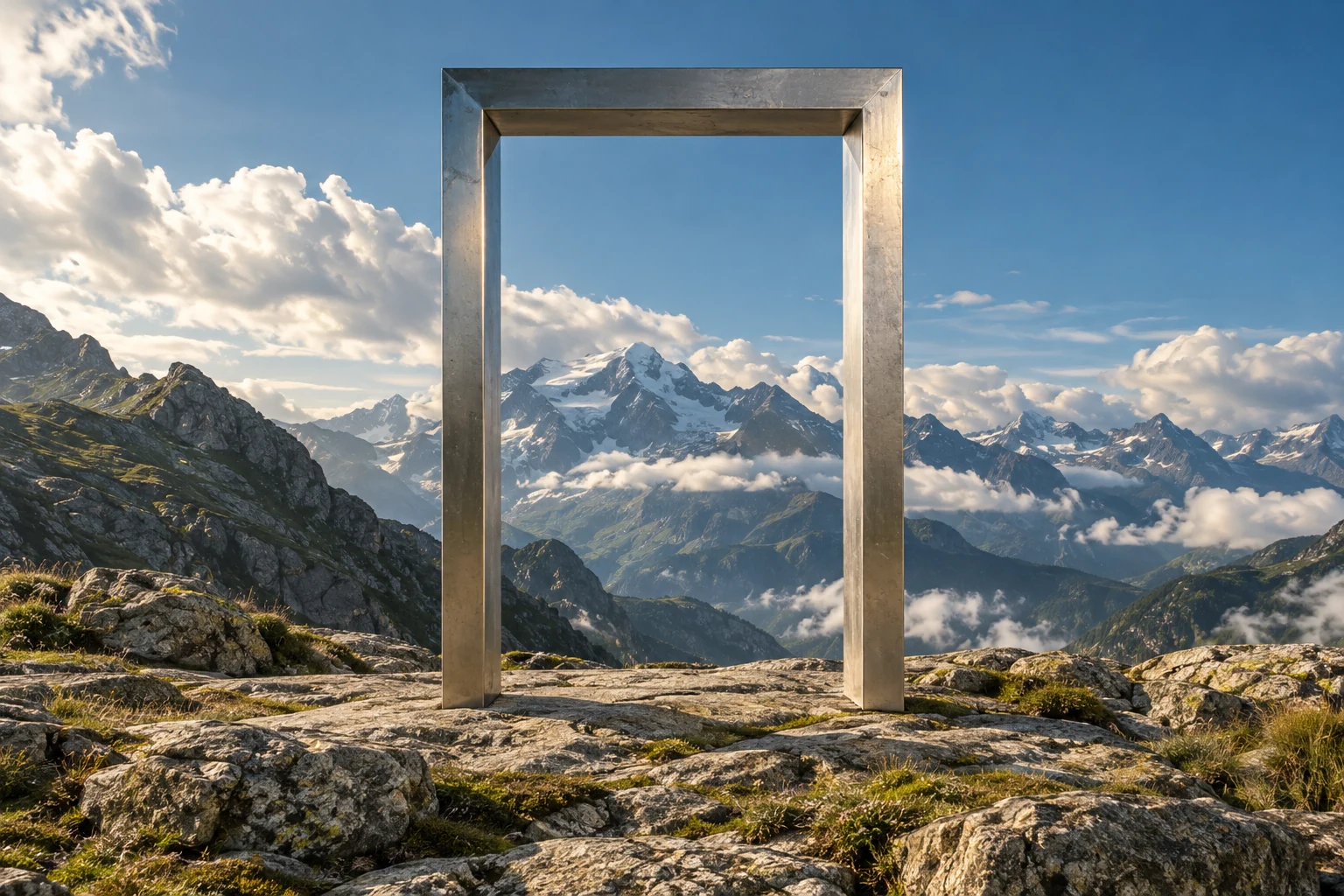 A freestanding silver rectangular frame on a mountain ledge in natural daylight.