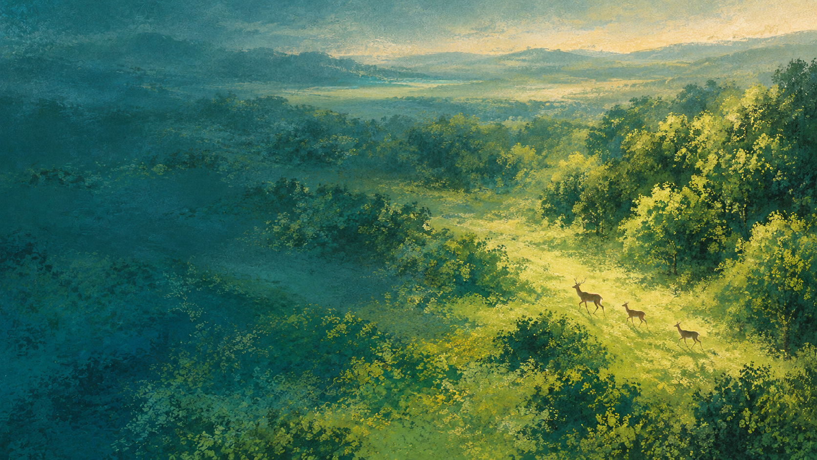 Deer in emerald light. Animals moving through expressive painted landscapes.