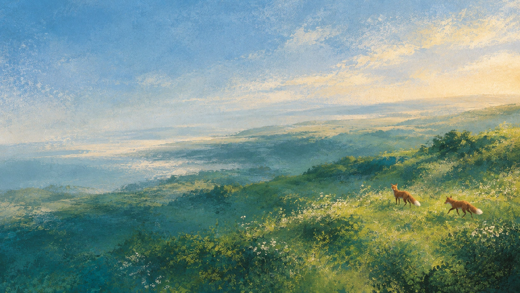 Foxes through golden meadow. Animals moving through expressive painted landscapes.