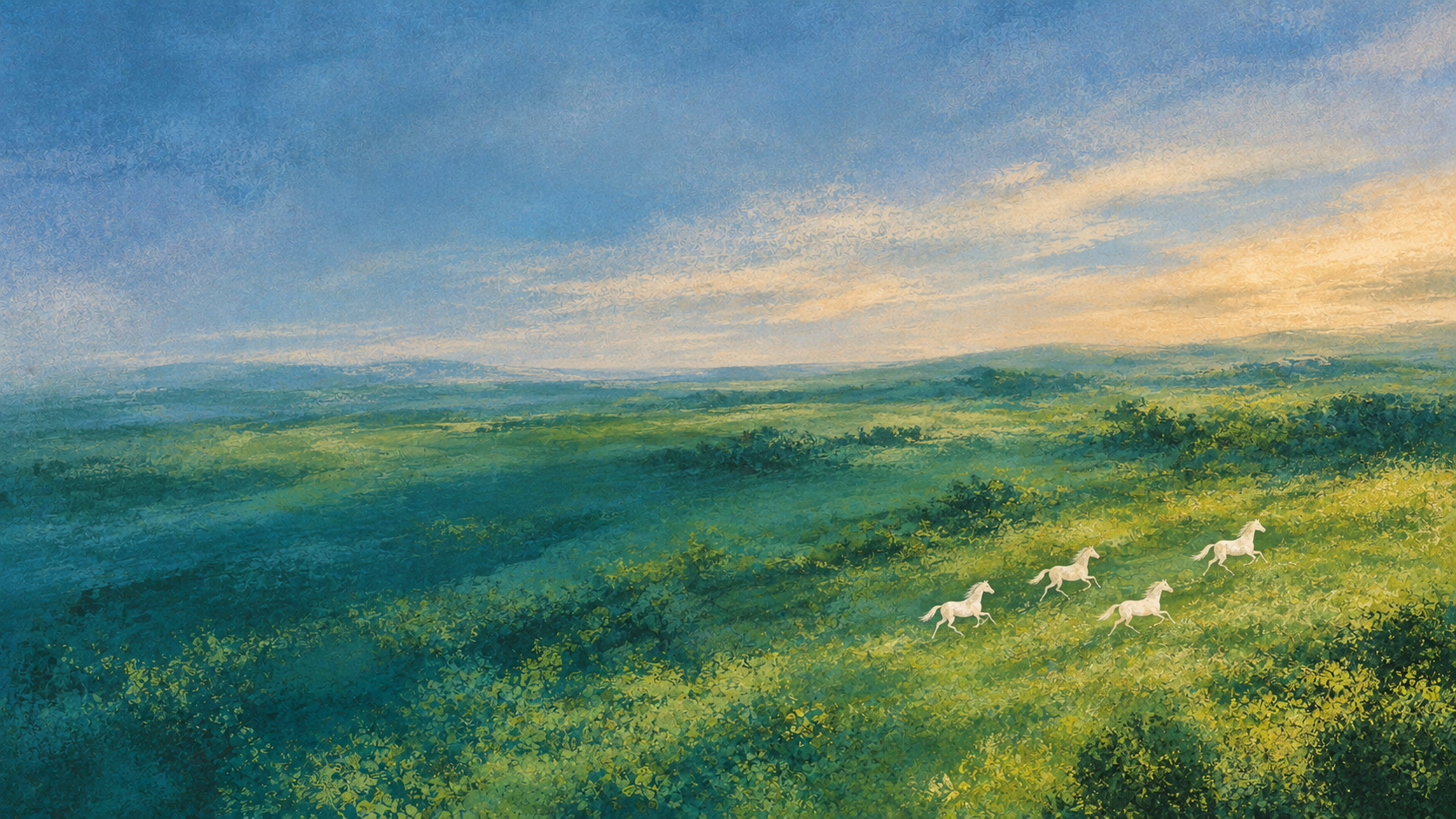 White horses on teal plains. Animals moving through expressive painted landscapes.