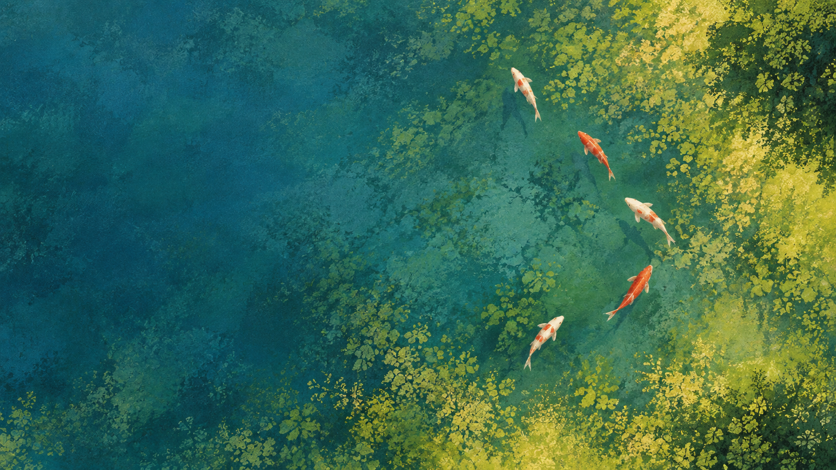 Koi in jade water. Animals moving through expressive painted landscapes.