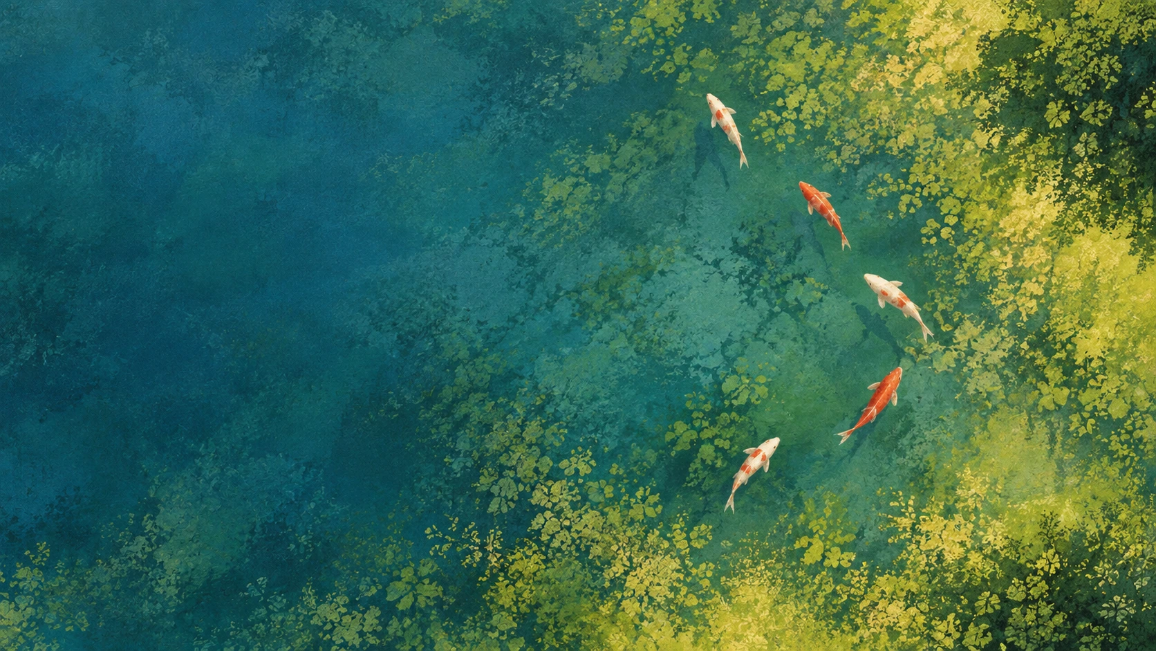 Koi in jade water. Animals moving through expressive painted landscapes.