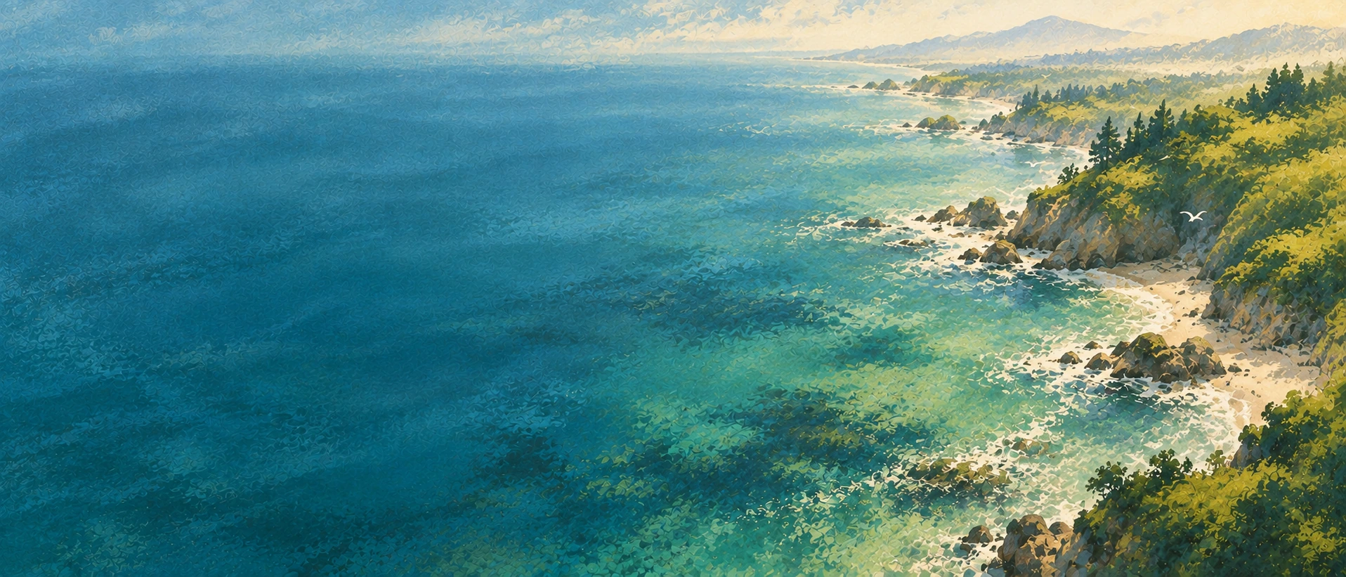 A quiet coast rendered in soft painterly strokes. Alternate hero with copy on left.