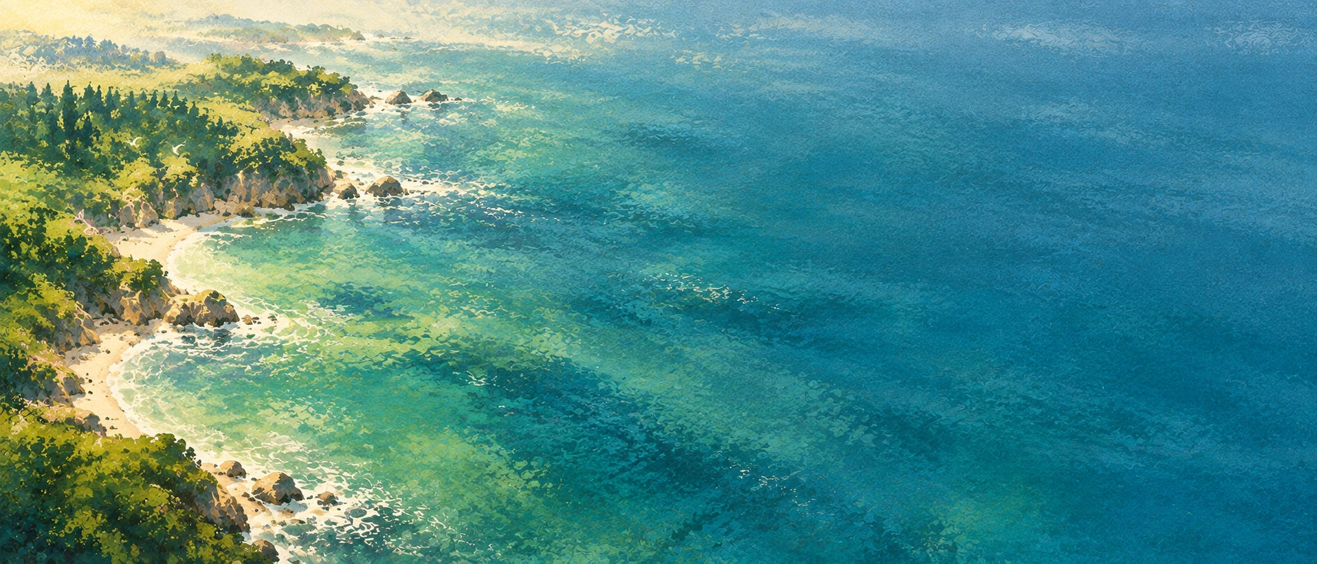 A quiet coast rendered in soft painterly strokes. Alternate hero with copy on right.