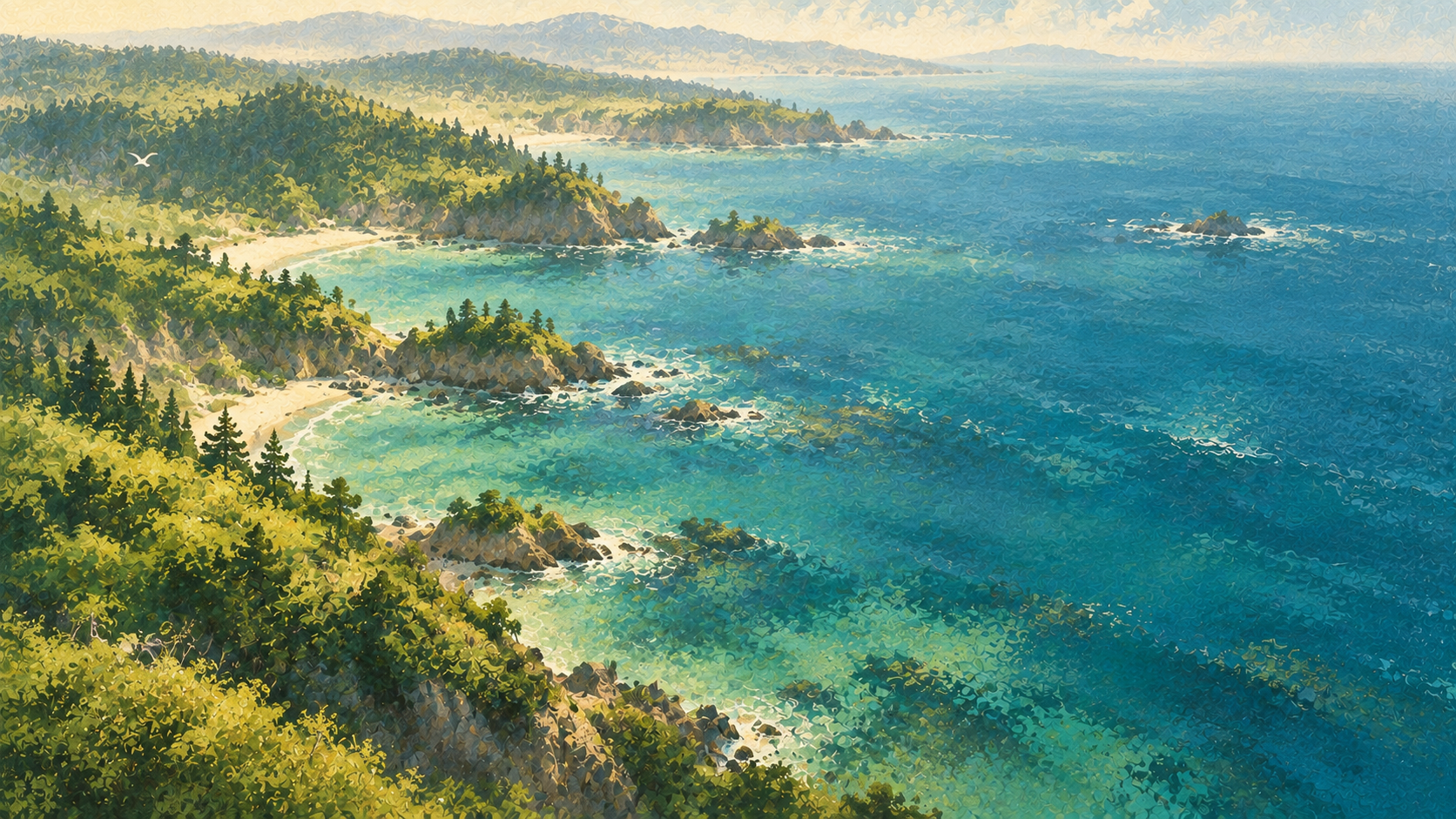 A quiet coast rendered in soft painterly strokes. About or editorial section image.
