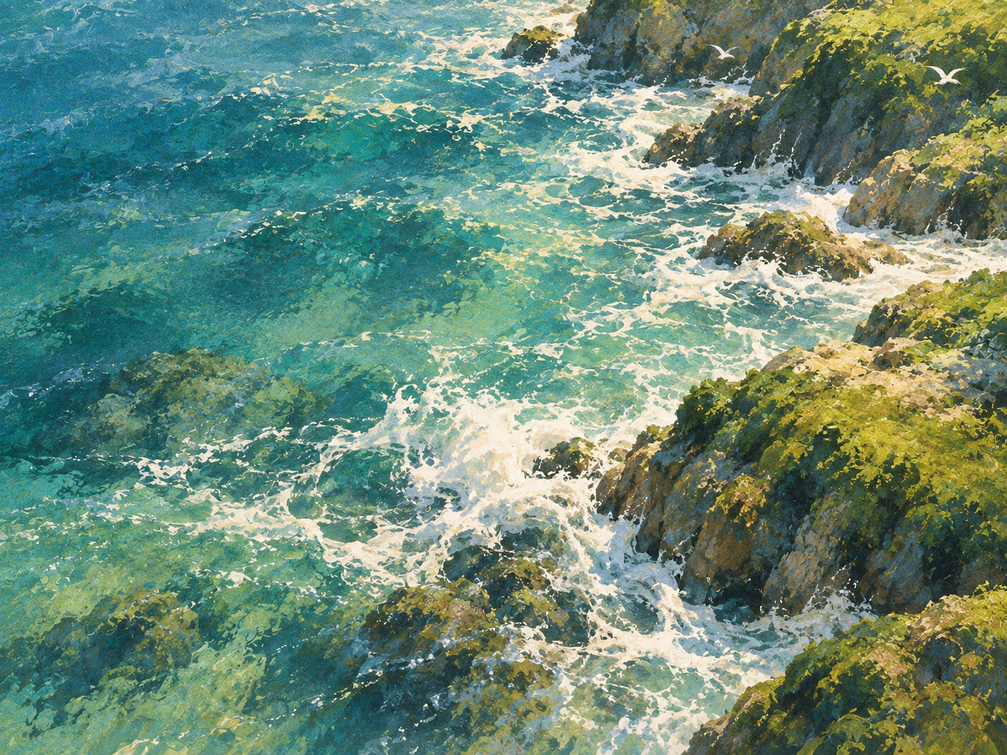 A quiet coast rendered in soft painterly strokes. Detail image beside feature or story text.