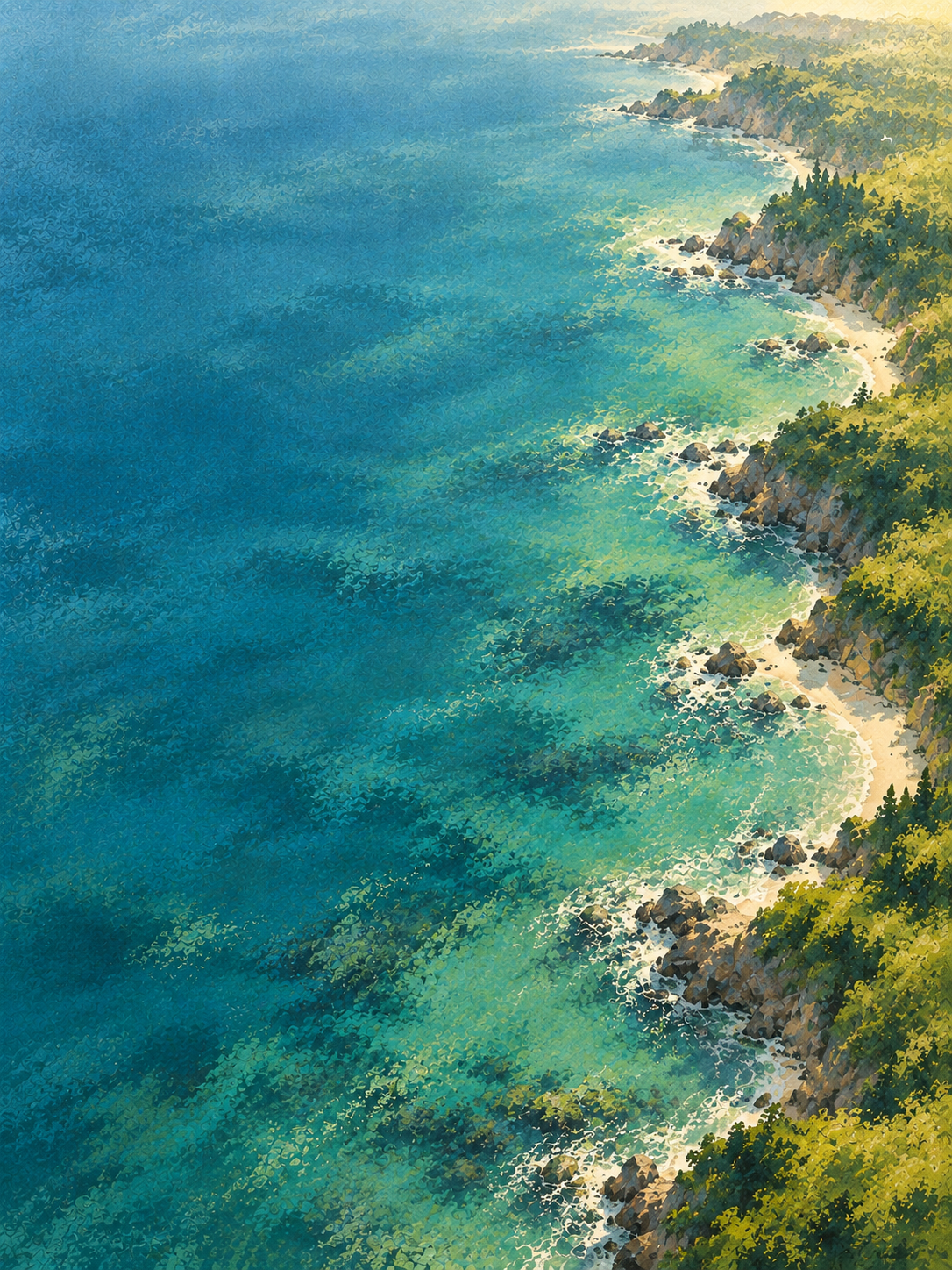A quiet coast rendered in soft painterly strokes. Mobile hero or tall editorial panel.