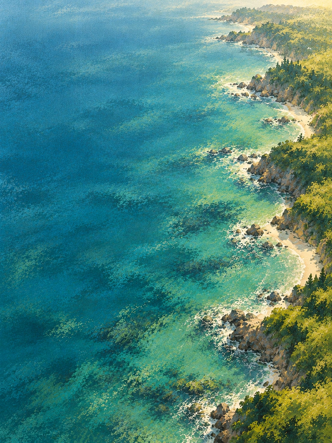 A quiet coast rendered in soft painterly strokes. Mobile hero or tall editorial panel.
