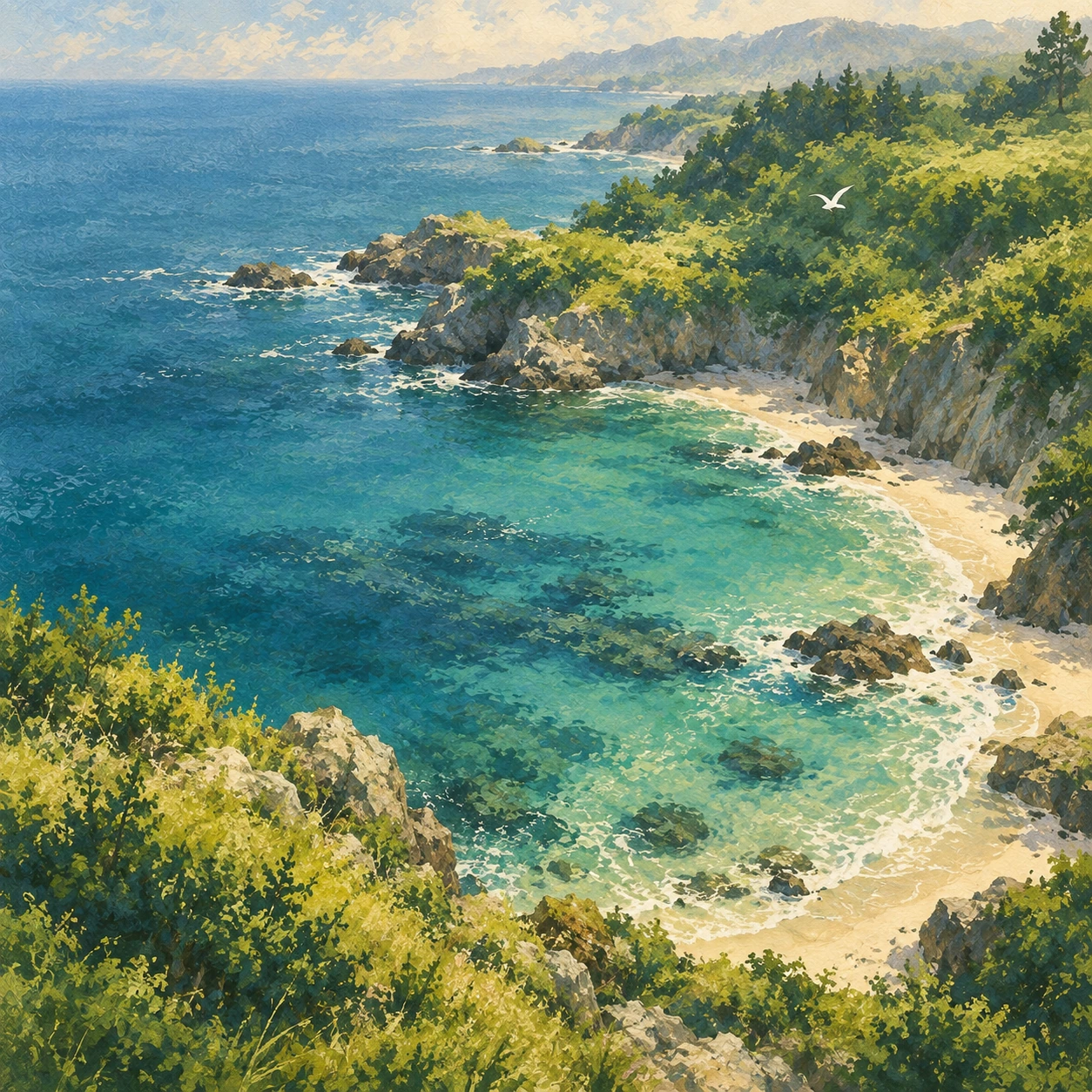 A quiet coast rendered in soft painterly strokes. Service, journal or feature card.
