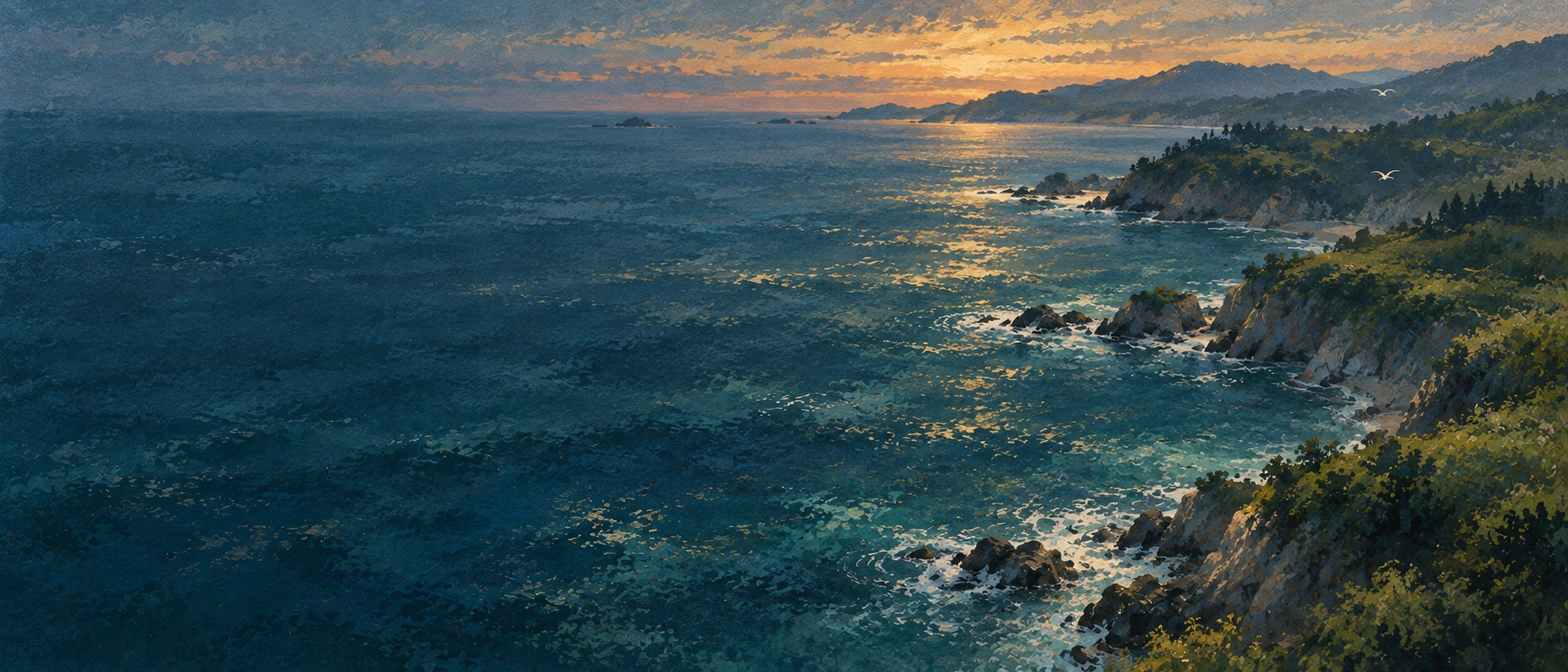 A quiet coast rendered in soft painterly strokes. Dark section or closing banner.