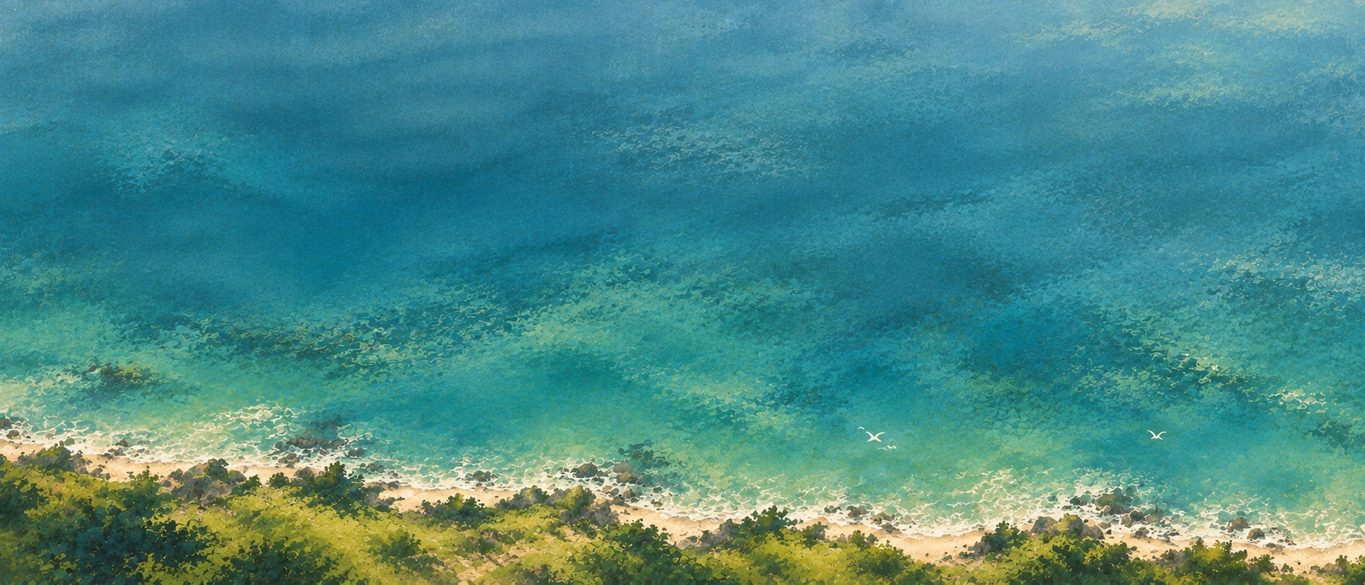 A quiet coast rendered in soft painterly strokes. Low-detail section background or divider.