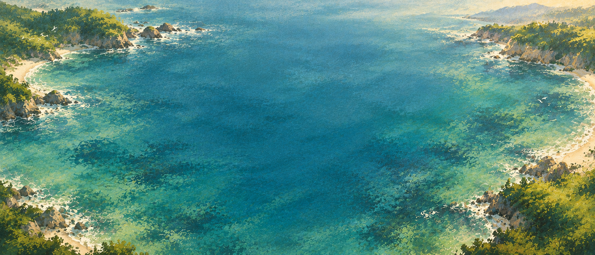 A quiet coast rendered in soft painterly strokes. Closing call-to-action or signup section.