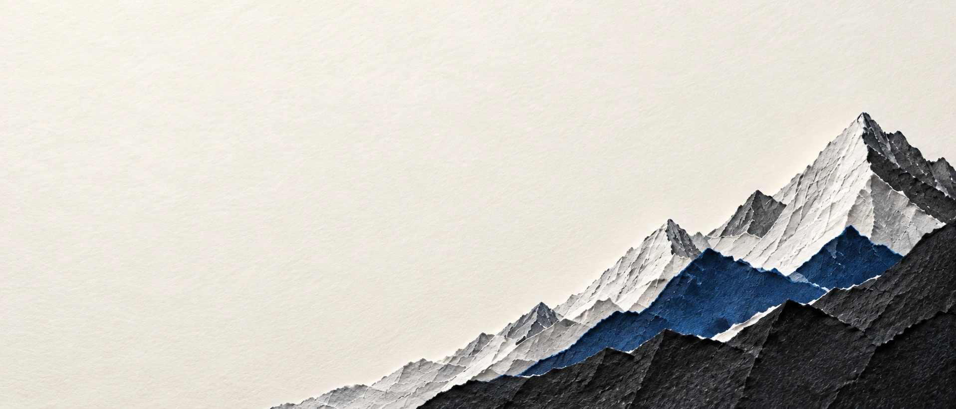 Sculptural mountain ridges cut from ivory and ultramarine paper. Alternate hero with copy on left.