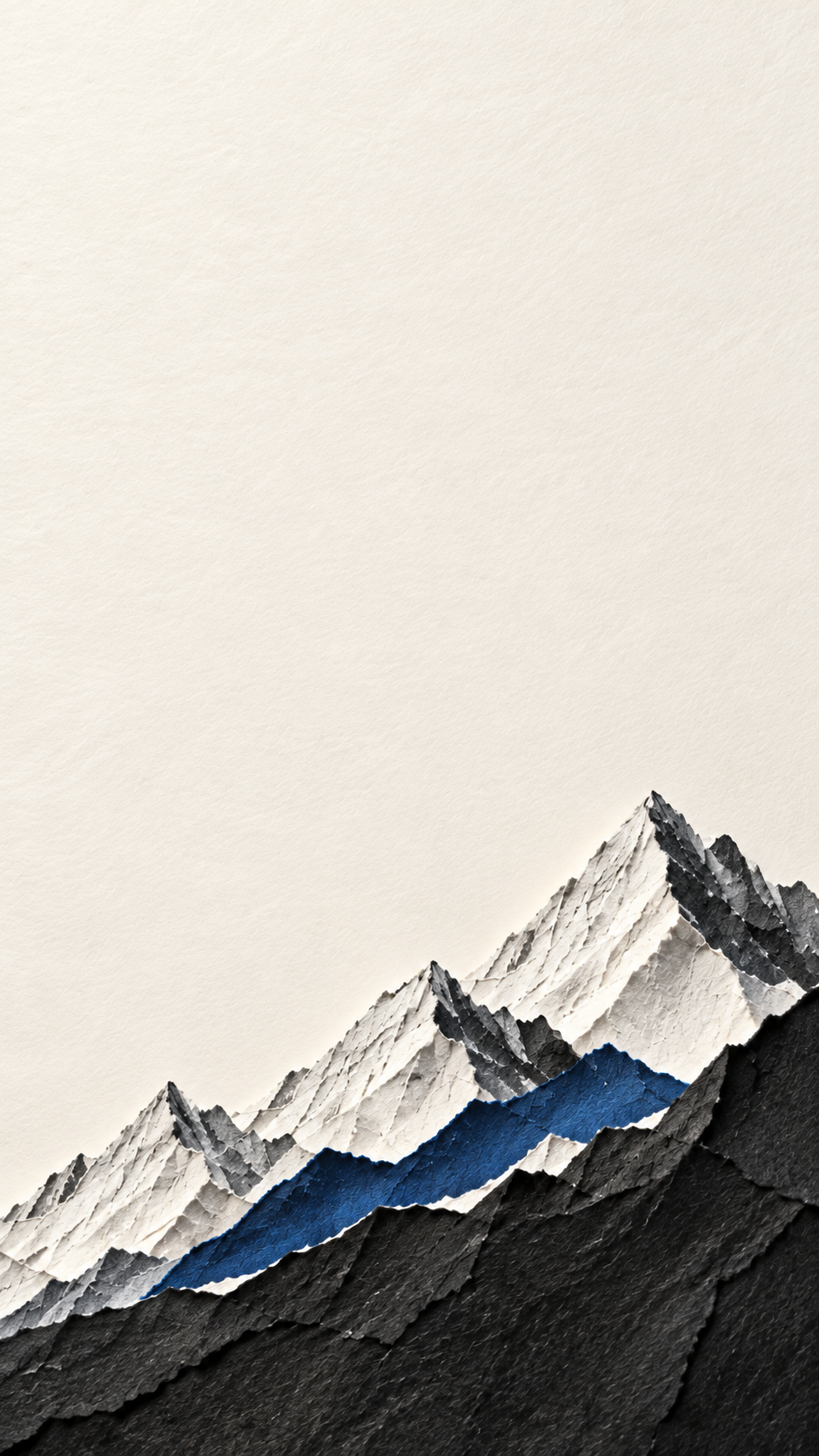 Sculptural mountain ridges cut from ivory and ultramarine paper. Mobile hero.