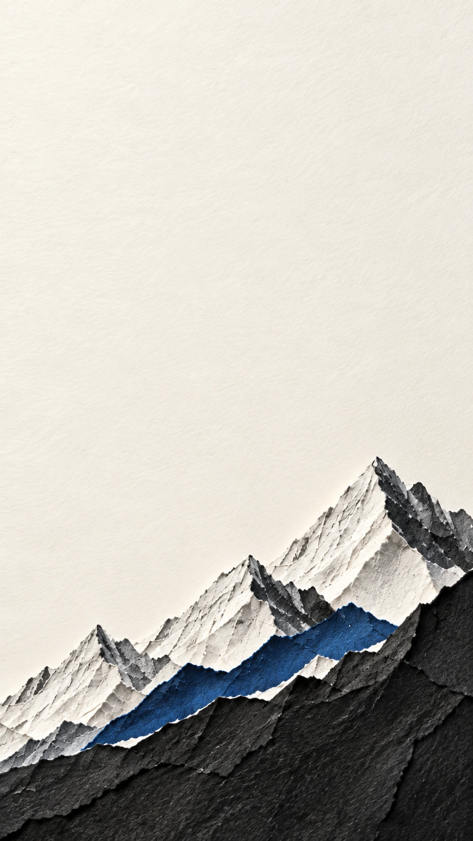 Sculptural mountain ridges cut from ivory and ultramarine paper. Mobile hero.