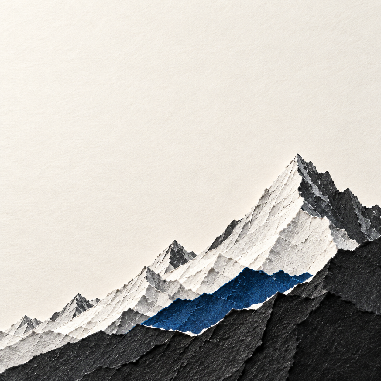 Sculptural mountain ridges cut from ivory and ultramarine paper. Square social or content card.