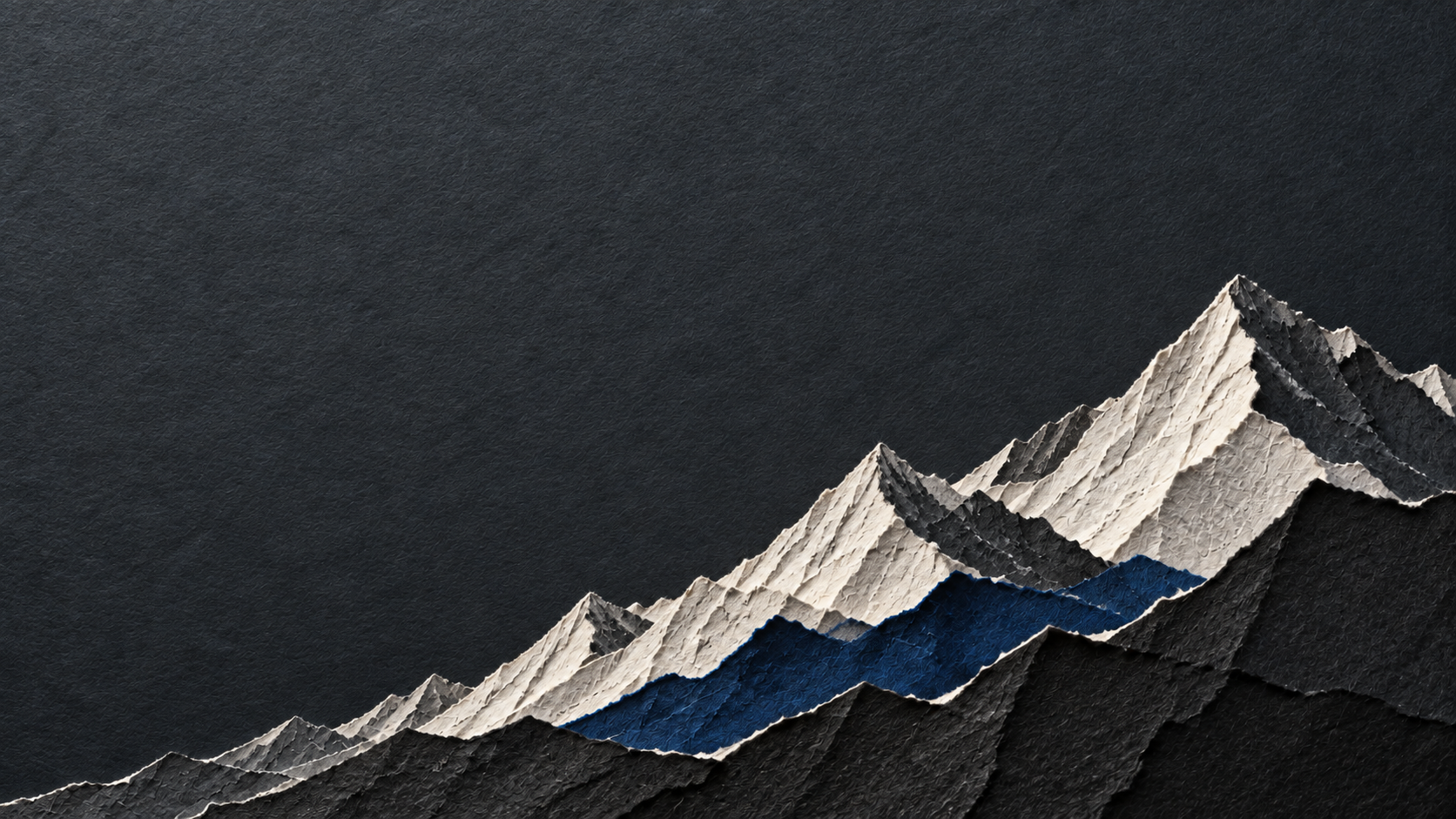 Sculptural mountain ridges cut from ivory and ultramarine paper. Dark section or evening mood.