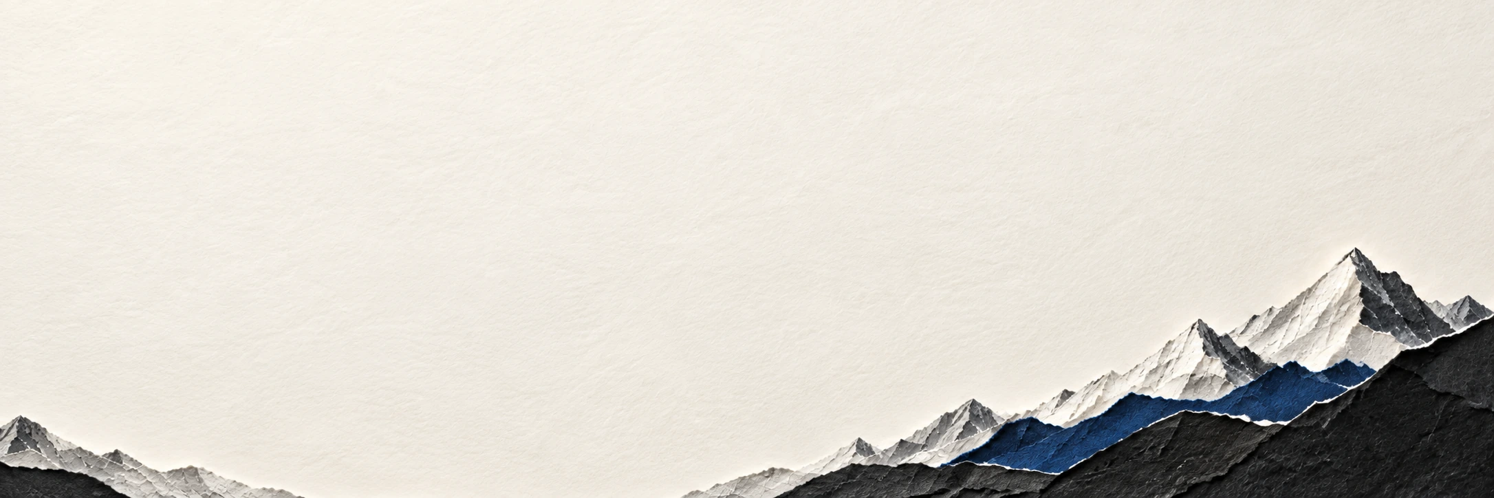 Sculptural mountain ridges cut from ivory and ultramarine paper. Wide quiet section divider.