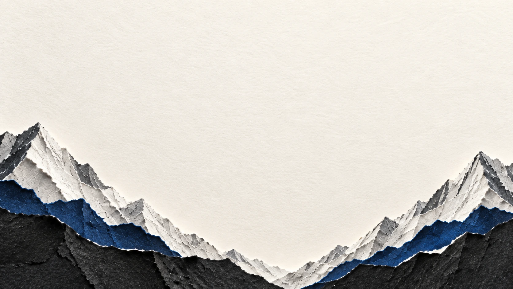 Sculptural mountain ridges cut from ivory and ultramarine paper. Closing CTA background.