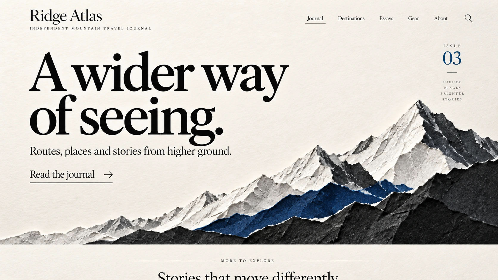Ridge Atlas · Independent mountain travel journal. Static website hero mockup using Paper-cut alpine imagery.