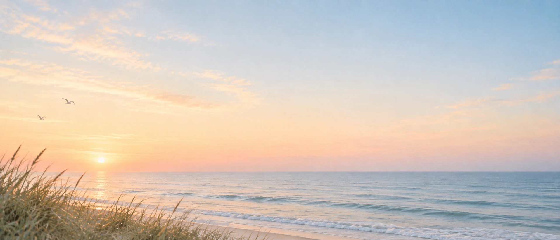 An open horizon in gentle peach-colored light. Alternate hero with copy on right.