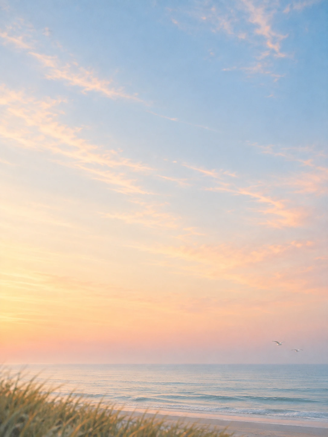 An open horizon in gentle peach-colored light. Mobile hero or tall editorial panel.