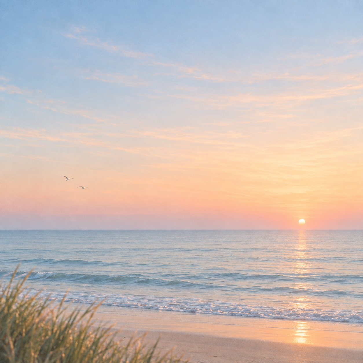 An open horizon in gentle peach-colored light. Service, journal or feature card.
