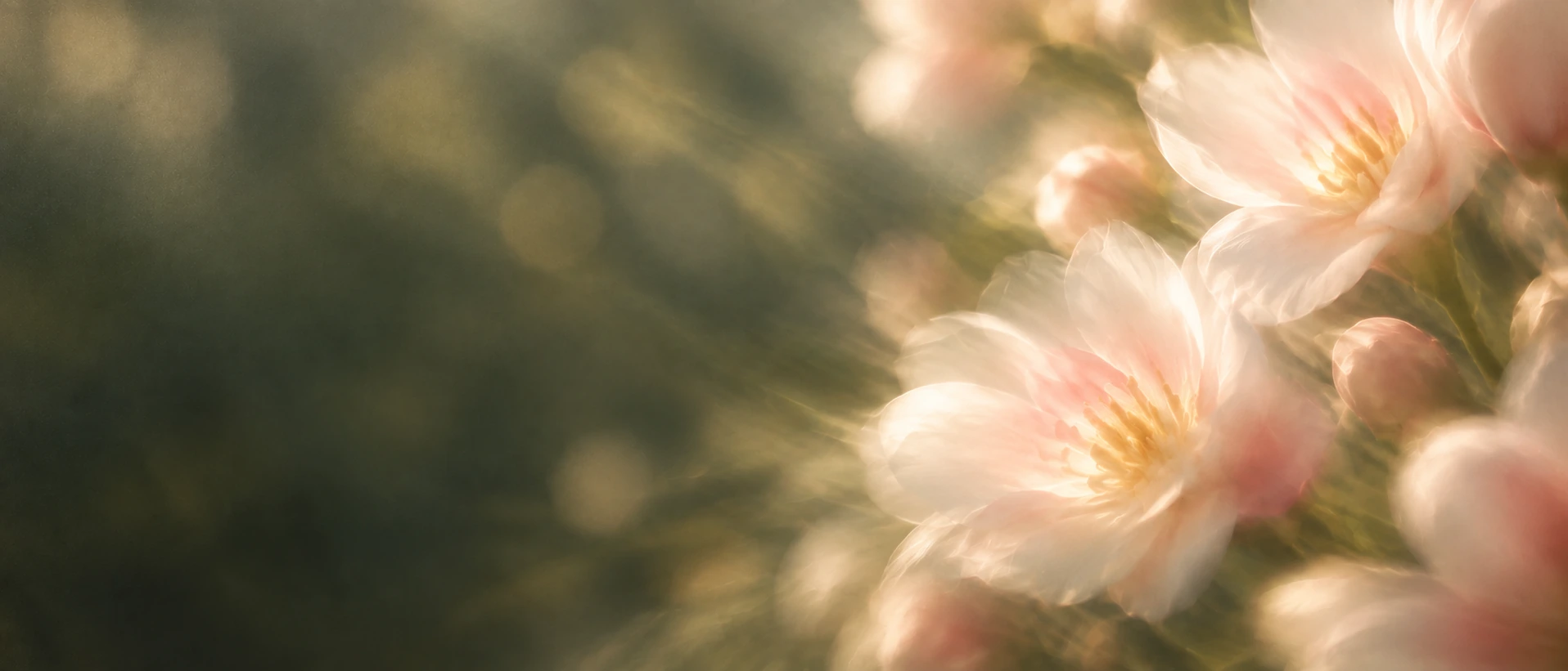 Delicate pearl blossoms in soft, luminous light. Alternate hero with copy on left.