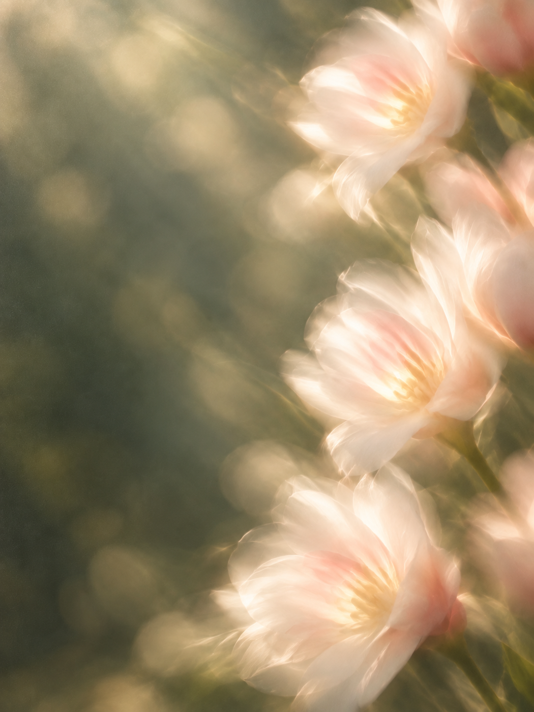 Delicate pearl blossoms in soft, luminous light. Mobile hero or tall editorial panel.