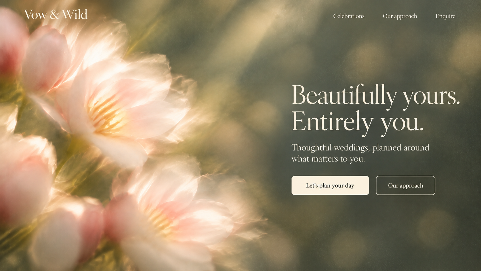 Vow & Wild · Wedding planning studio. Static website hero mockup using Pearl blossom imagery.
