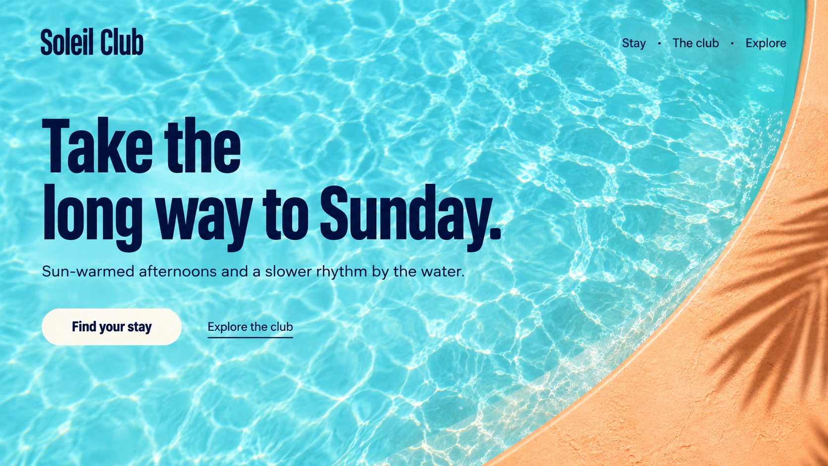 Soleil Club · Summer hideaway. Static website hero mockup using Poolside apricot imagery.