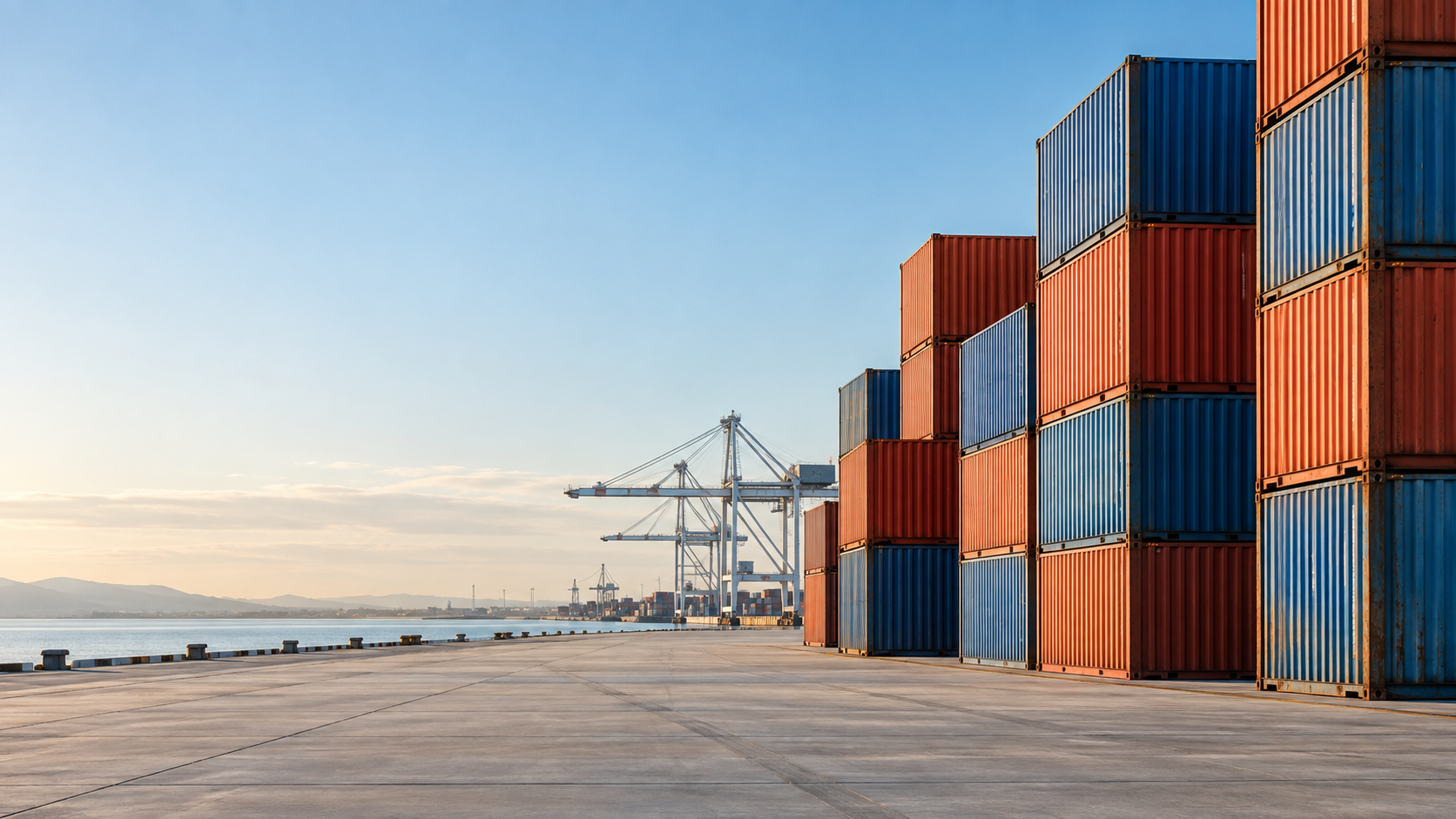 Ground-level port panorama, vermilion and cobalt container stacks arranged on the RIGHT as an elegant geometric wall, left 60 percent quiet pale concrete and sky, slender gantry crane in far distance.