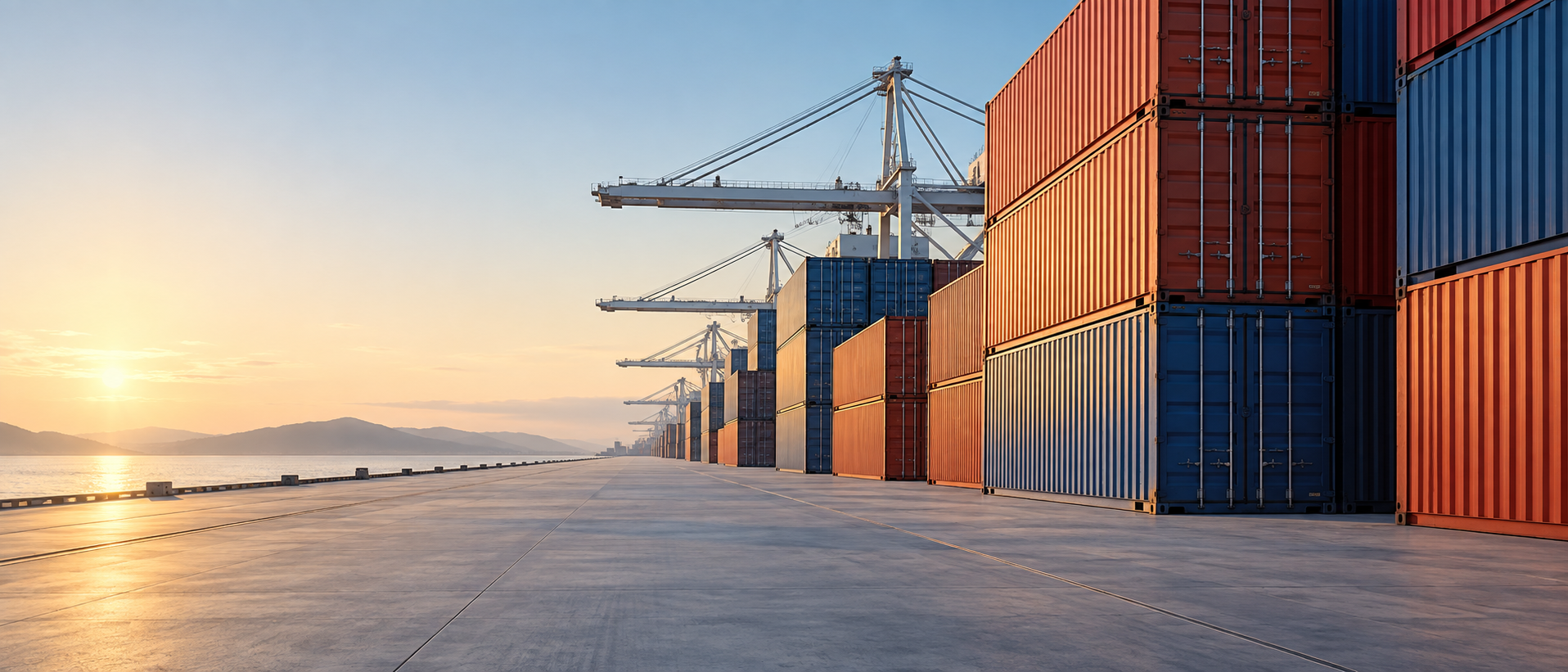 Long perspective of container stacks on right, pale empty concrete lane sweeping toward horizon on left, warm dawn side light, precise graphic arrangement.
